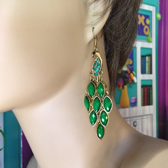Green Peacock Earrings - Picture 6 of 8